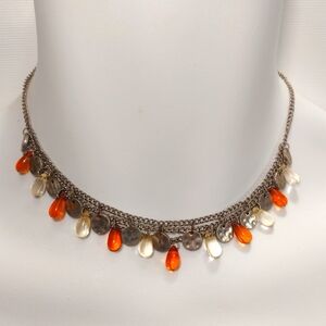 Silver Tone Multi Strand Layered Orange Tear Drop Bead Choker Necklace